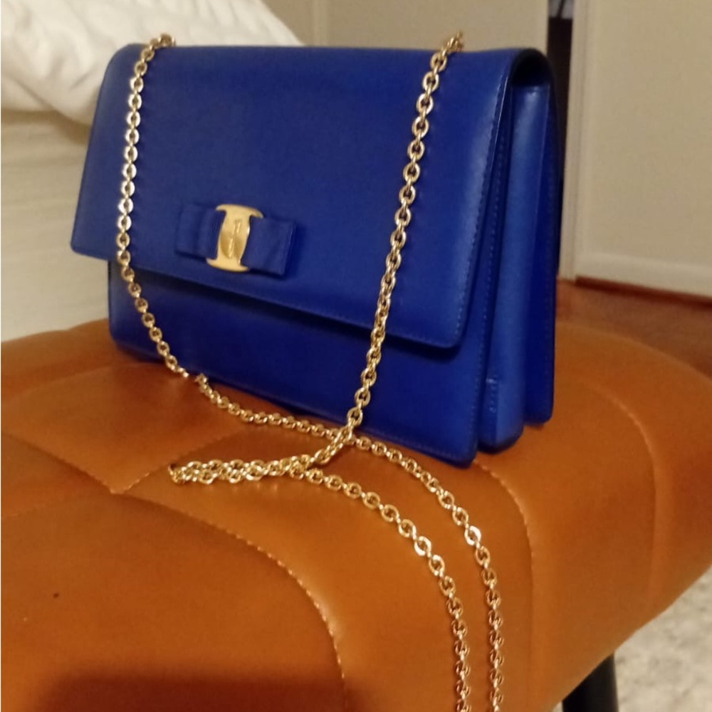 Salvatore Ferragamo Blue and Gold Clutch with Bow Detail - Picture 5 of 5